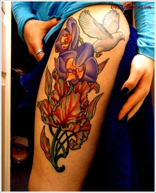 Flying Dove And Colored Orchid Tattoo On Side Thigh
