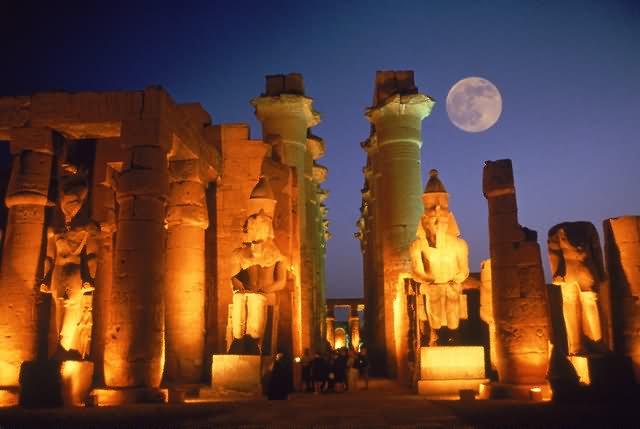 Front View Of Luxor Temple With Full Moon At Night