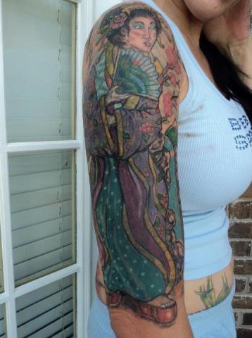 Geisha Wizard Tattoo On Girl Right Half Sleeve