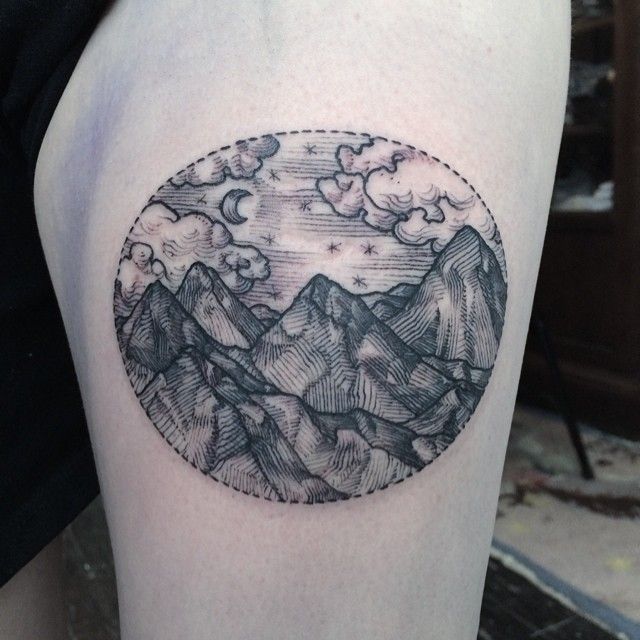 Geometric Traditional Mountain Scenery Tattoo Design For Thigh