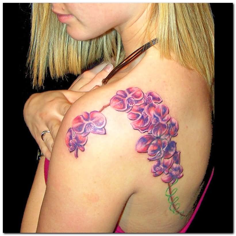 Girl Left Back Shoulder Orchid Tattoo