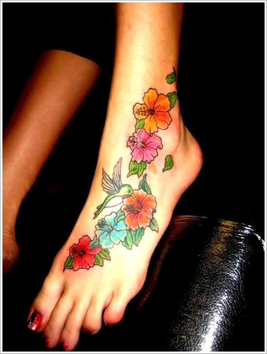 Girl Left Foot Beautiful Orchid Flowers Tattoo