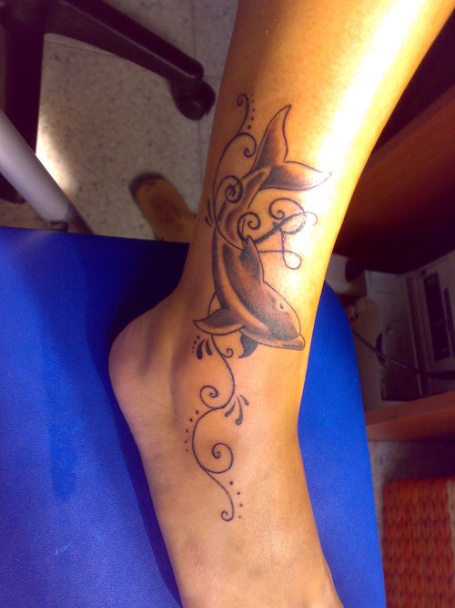 Grey Dolphin Tattoo On Leg