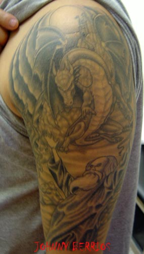 Grey Dragon Wizard Tattoo On Half Sleeve
