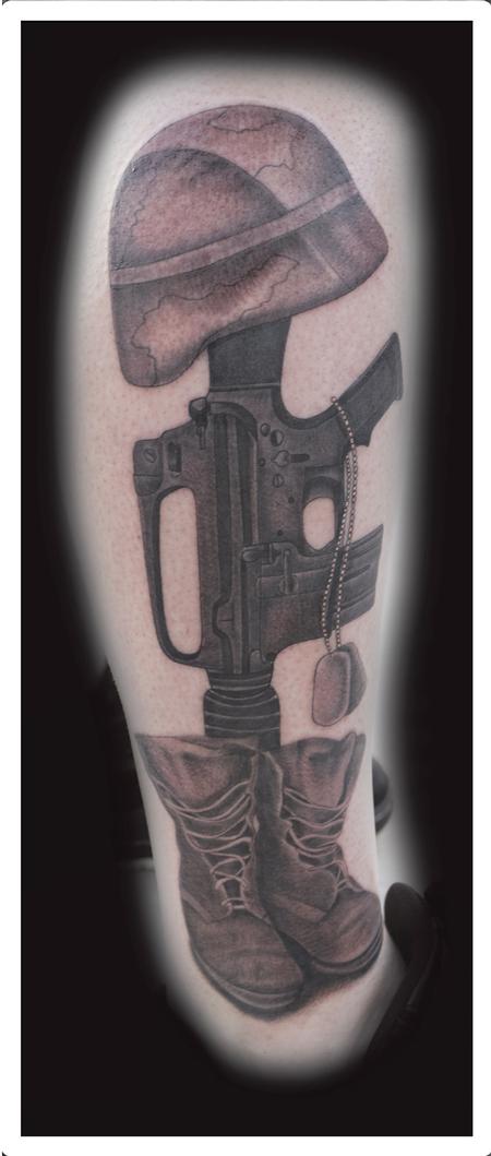 Grey Ink 3D Memorial Military Boots Rifle Helmet Tattoo Design