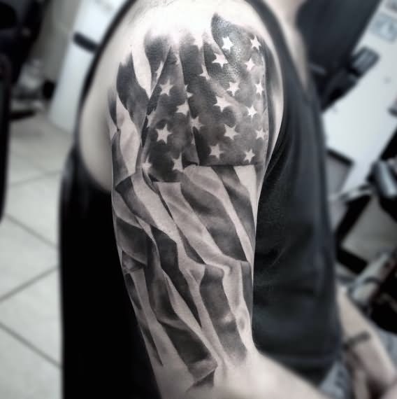Grey Ink 3D Military Flag Tattoo On Right Half Sleeve