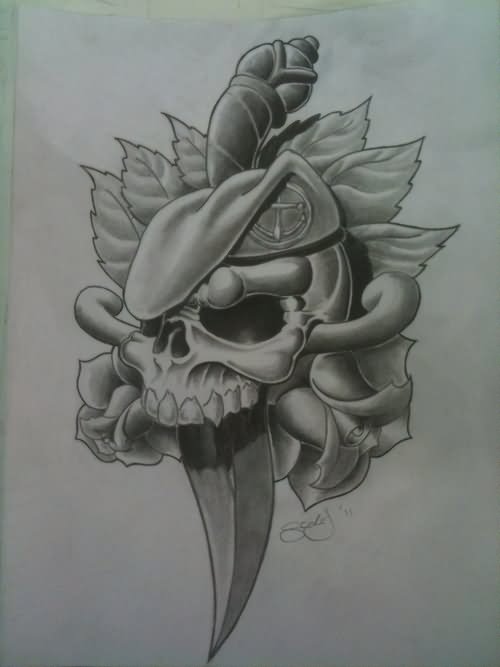 Grey Ink 3D Military Skull With Dagger Tattoo Design