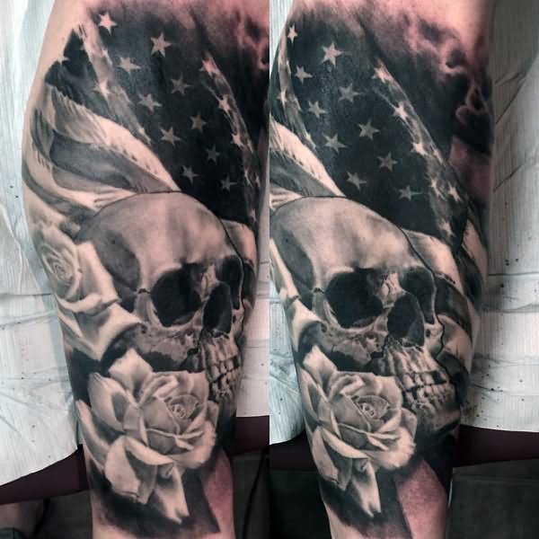 Grey Ink 3D Skull With Rose And Military Flag Tattoo Design