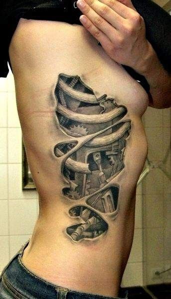 Grey Ink 3D Torn Ripped Skin Biomechanical Tattoo On Side Rib