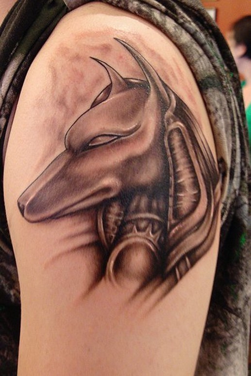 Grey Ink Anubis Head Tattoo On Shoulder