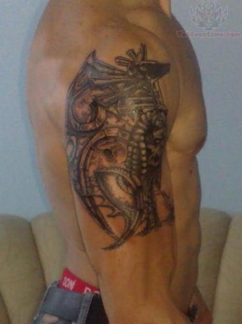 Grey Ink Anubis Tattoo On Man Right Shoulder