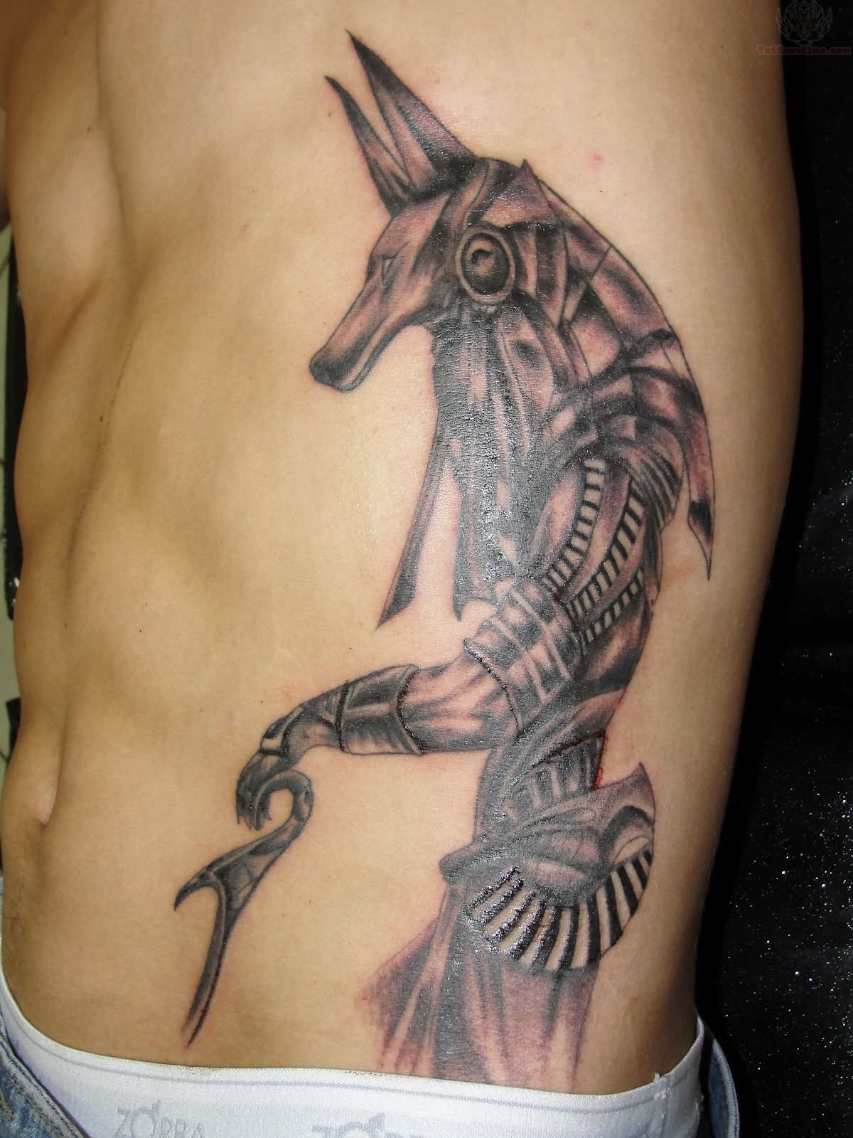 Grey Ink Anubis Tattoo On Man Side Rib