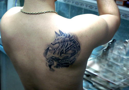 Grey Ink Anubis Tattoo On Right Back Shoulder for Men