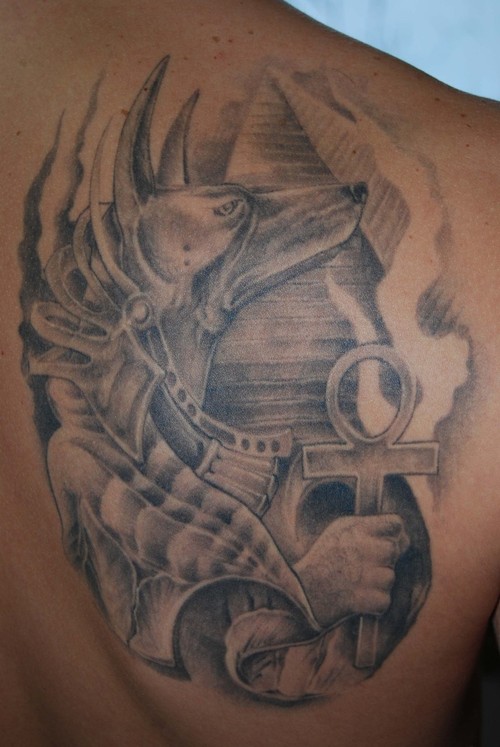 Grey Ink Anubis Tattoo On Right Back Shoulder