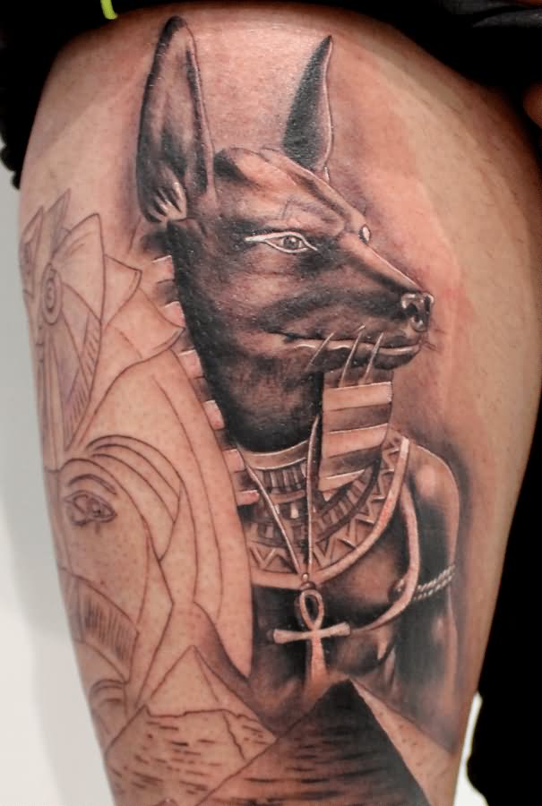 Grey Ink Anubis Tattoo On Thigh