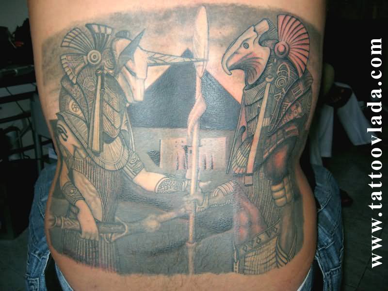 Grey Ink Anubis and Horus Tattoo On Full Back