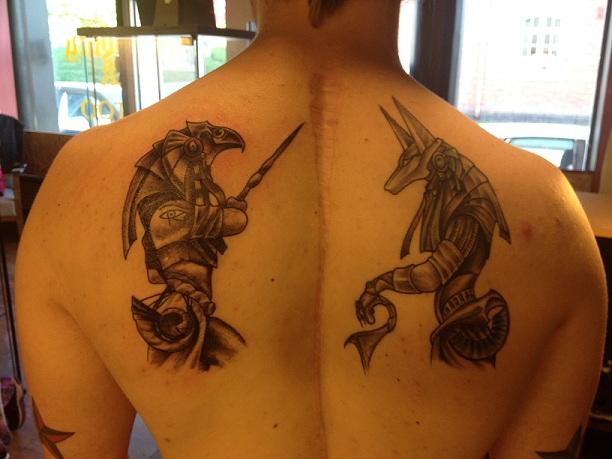Grey Ink Anubis and Horus Tattoos On Back Shoulders