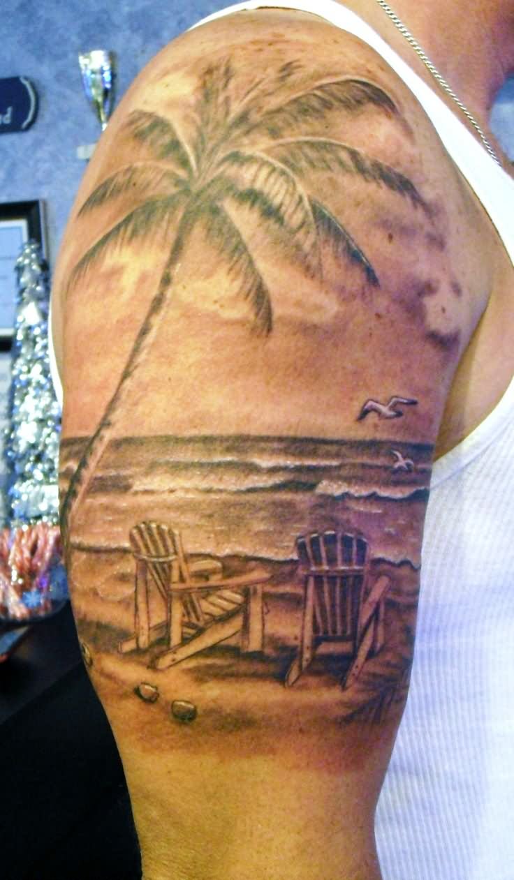 Grey Ink Beach Scenery Tattoo On Man Right Half Sleeve