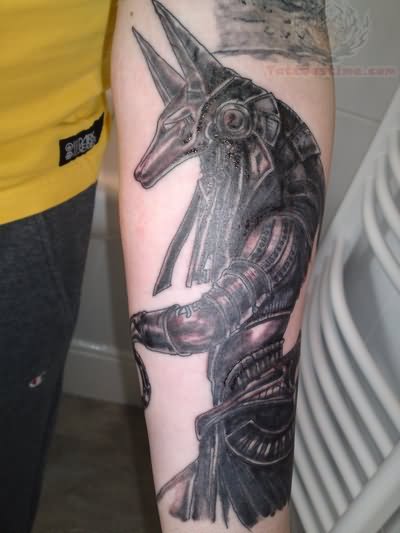 Grey Ink Egyptian Anubis Tattoo On Arm