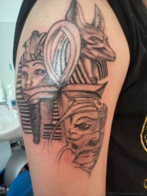 Grey Ink Egyptian Anubis Tattoo On Right Shoulder