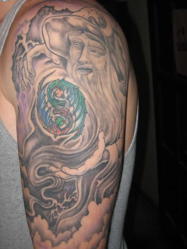Grey Ink Half Sleeve Wizard Tattoo On Sleeve