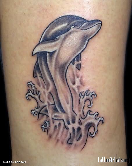 Grey Ink Jumping Dolphin Tattoo