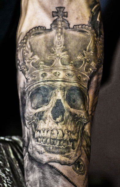 Grey Ink King Skull With Crown Tattoo Design For Forearm By Mark Powell
