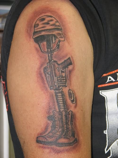 Grey Ink Memorial Military Boots Rifle Helmet Tattoo On Half Sleeve