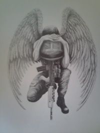 Grey Ink Memorial Military Soldier With Wings And Equipments Tattoo Design