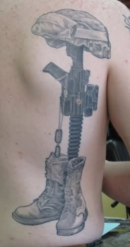 Grey Ink Memorial Military boots Rifle Helmet Tattoo On Back