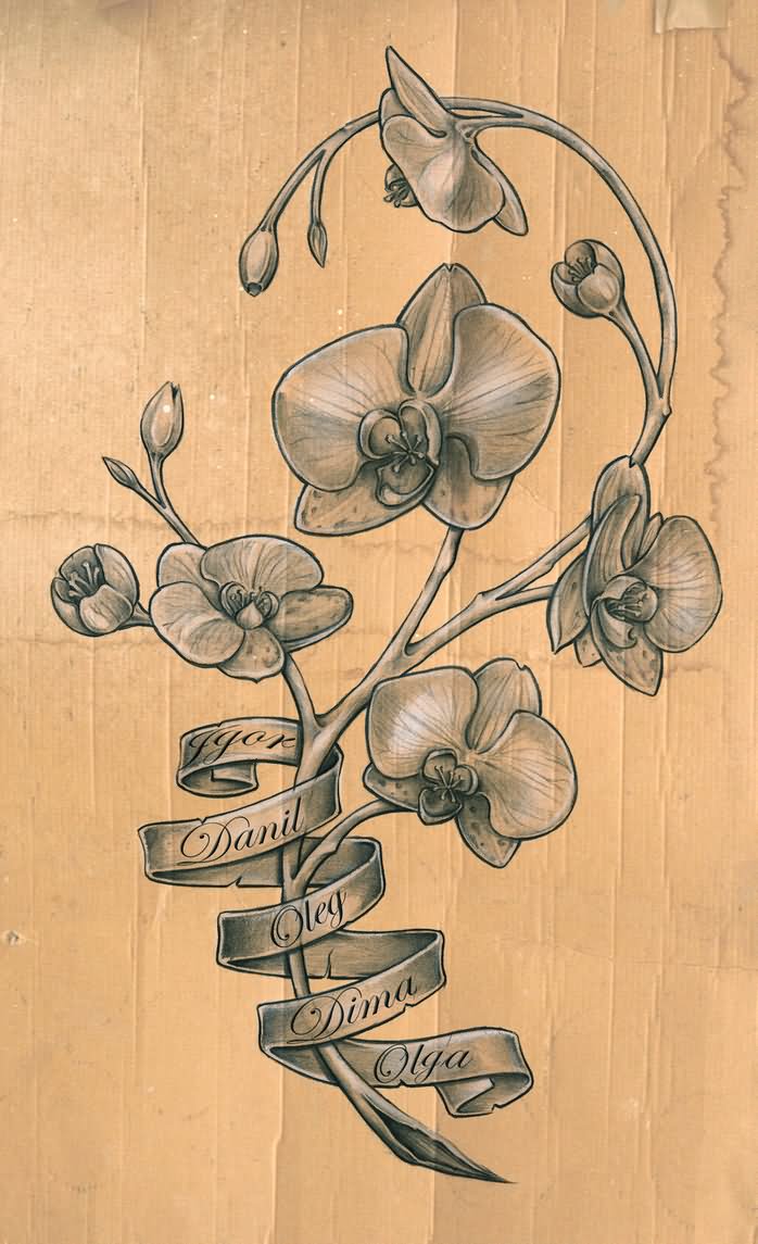 Grey Ink Orchid Flowers And Banner Tattoo Design
