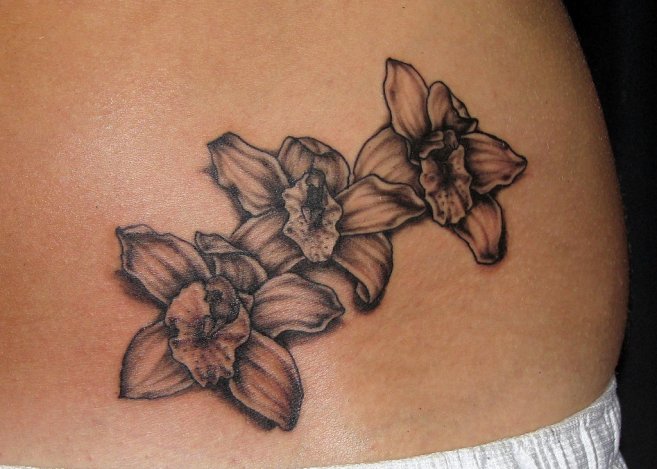 Grey Ink Orchid Flowers Tattoo On Waist