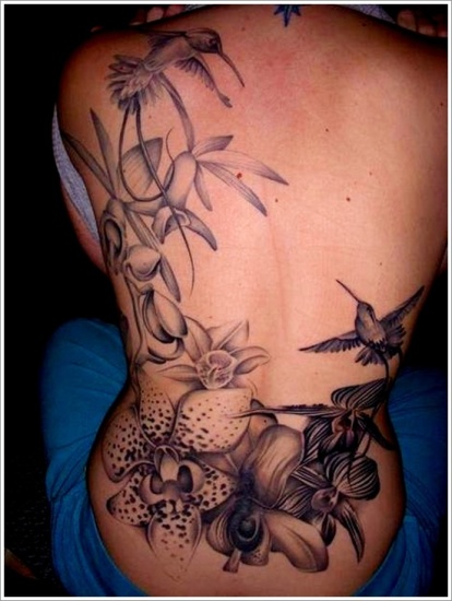 Grey Ink Orchid Tattoo On Girl Back Body
