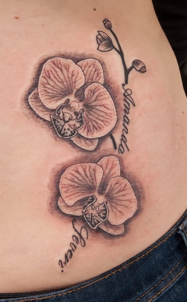 Grey Ink Orchid Tattoo On Side Rib by Tpenttil