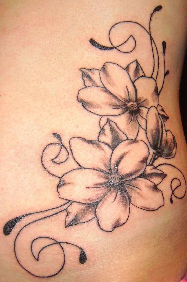 Grey Ink Orchid Tattoos On Girl Side Rib
