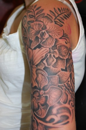 Grey Ink Orchid Tattoos On Left Half Sleeve For Girls