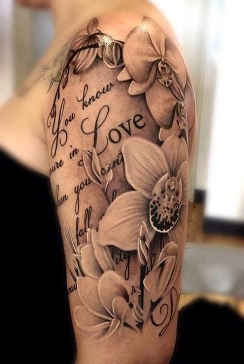 Grey Ink Orchid Tattoos On Left Half Sleeve