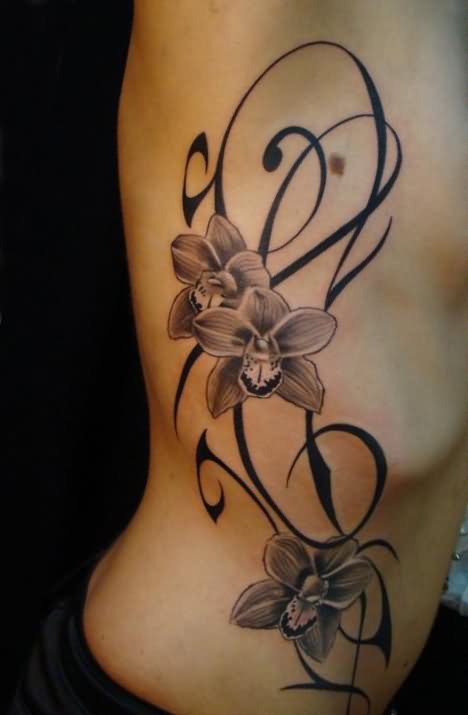 Grey Ink Orchid Tattoos On Side Rib