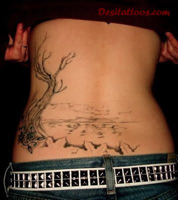 Grey Ink Scenery Tattoo On Lower Back