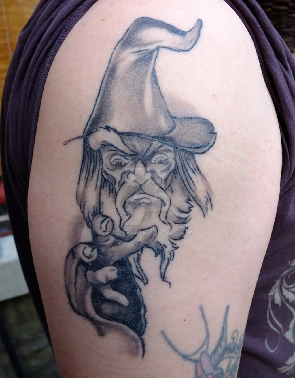 Grey Ink Traditional Wizard Tattoo On Shoulder by Sully365