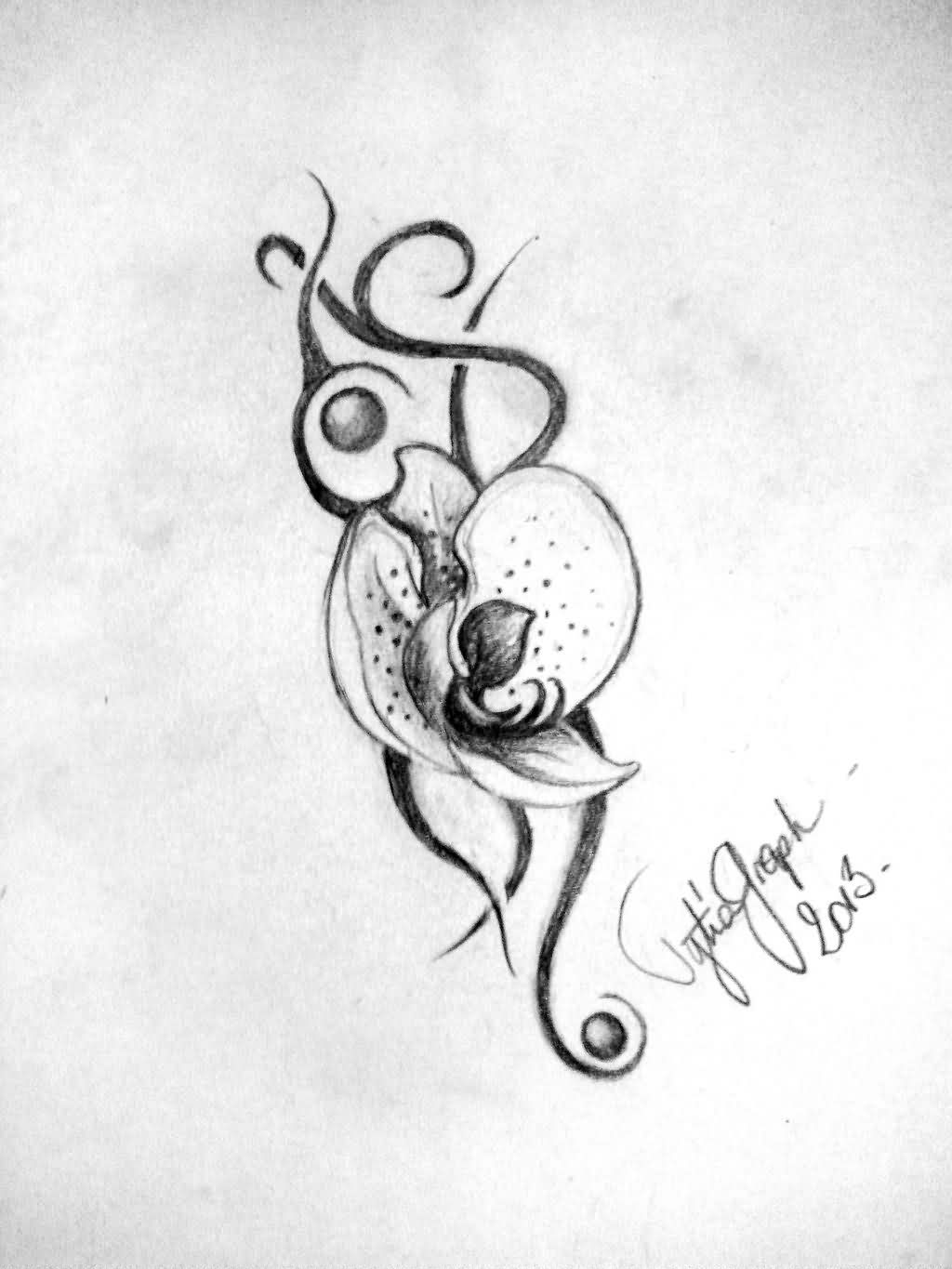 Grey Ink Tribal Orchid Tattoo Design