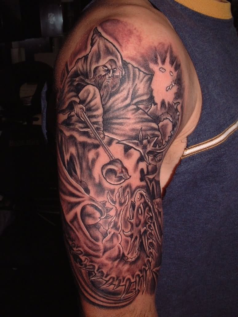 Grey Ink Wizard And Dragon Tattoo On Half Sleeve