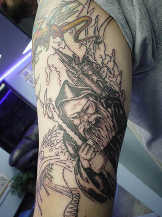 Grey Ink Wizard Half Sleeve Tattoo