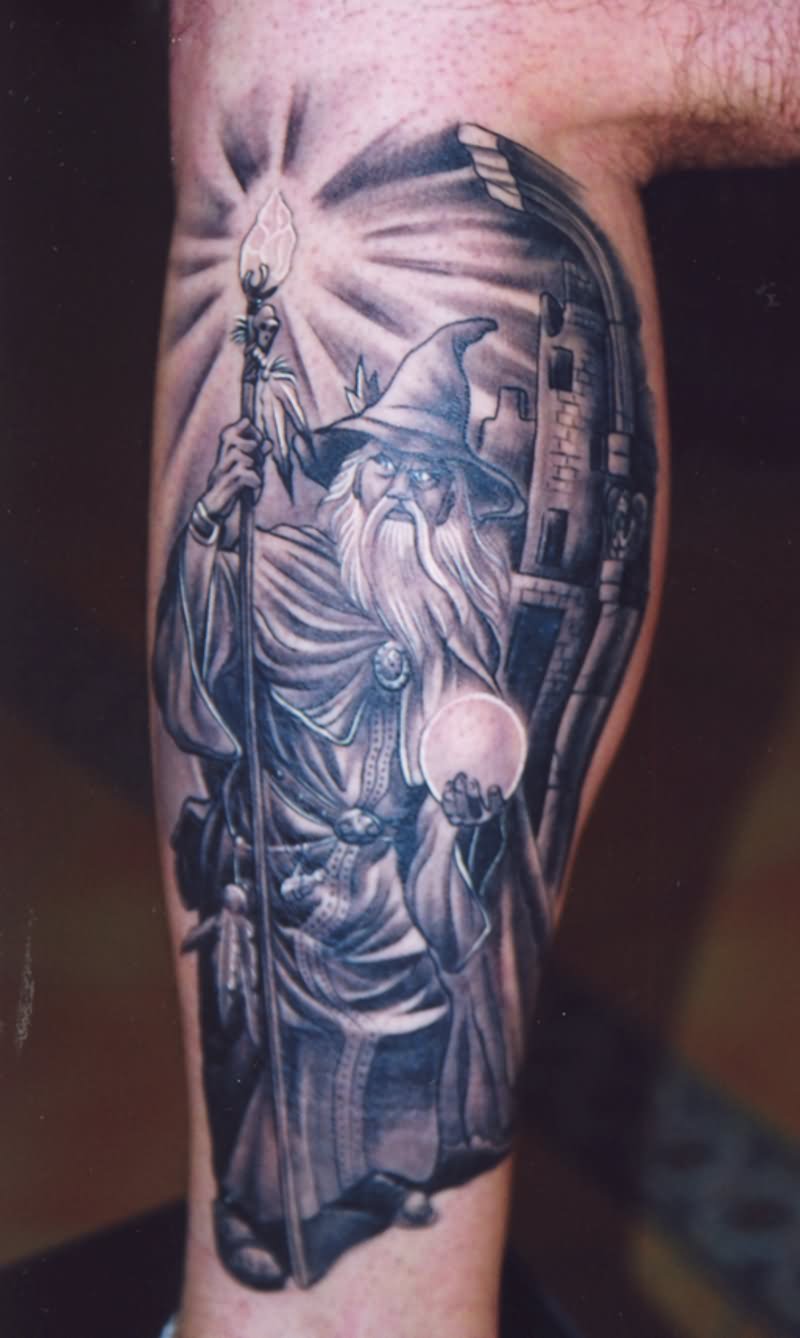 Grey Ink Wizard Leg Sleeve Tattoo
