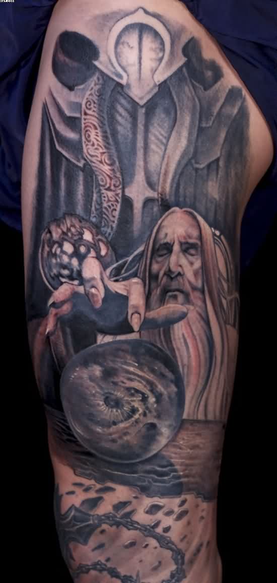 Grey Ink Wizard Sleeve Tattoo