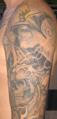 Grey Ink Wizard Tattoo On Left Half Sleeve by Premium