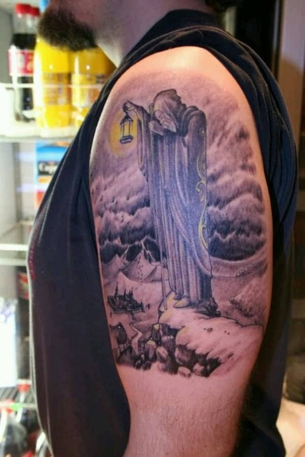 Grey Ink Wizard Tattoo On Left Half Sleeve