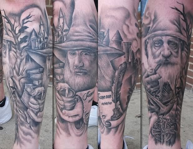Grey Ink Wizard Tattoo On Leg Sleeve