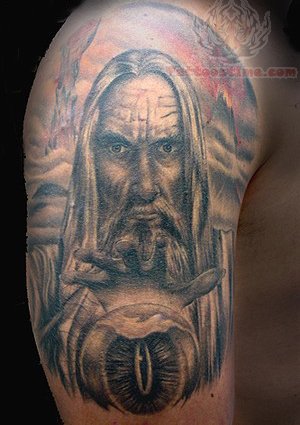 Grey Ink Wizard Tattoo On Right Half Sleeve