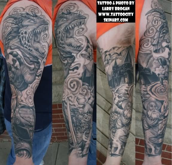 Grey Wizard And Castle Tattoo On Arm Sleeve